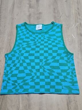 Yellow The Label Checkered Knit Crewneck Tank in Teal & Green Size Large